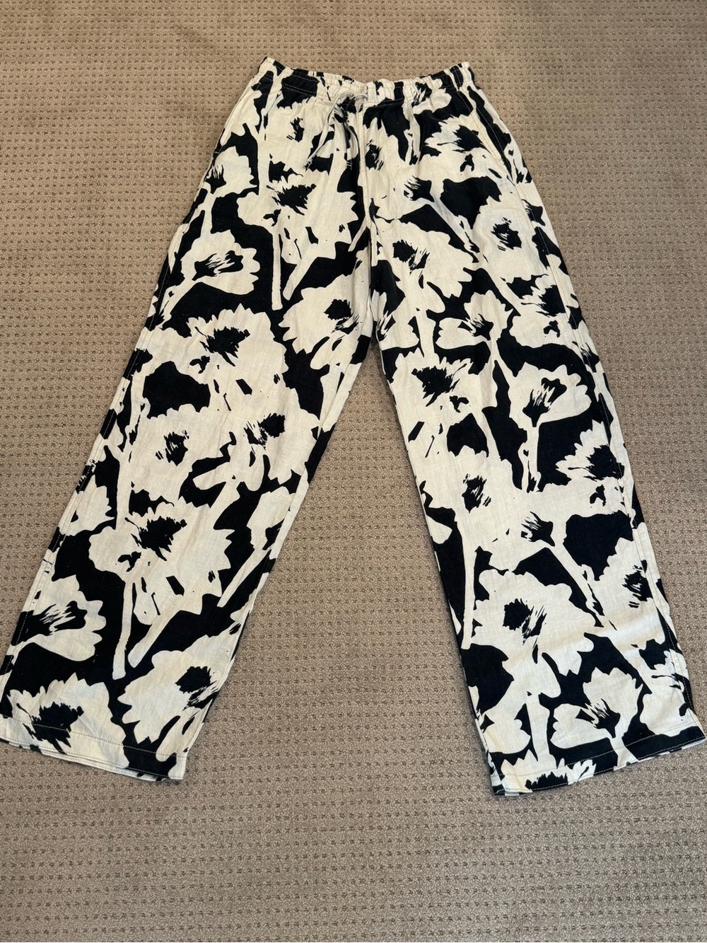Topshop Tall Women's Black/Beige Floral Wide-Leg Drawstring Dress Pants, S